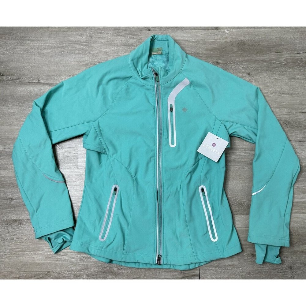 New Athleta Women Blue Zip Jacket Sz L Full Zip Thumb holes Running, Walking